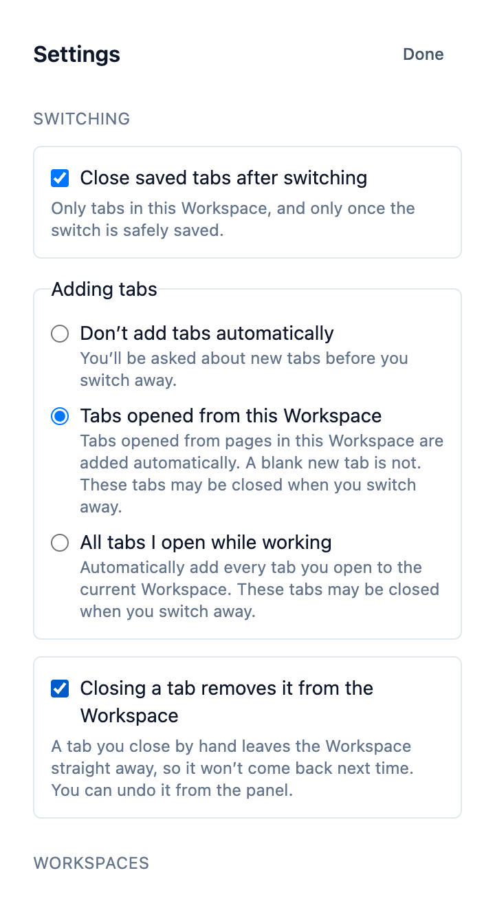 SwitchCue's Settings, showing the Switching section: a checkbox for closing saved tabs after switching, three choices for which new tabs join automatically, and a checkbox for whether closing a tab removes it.